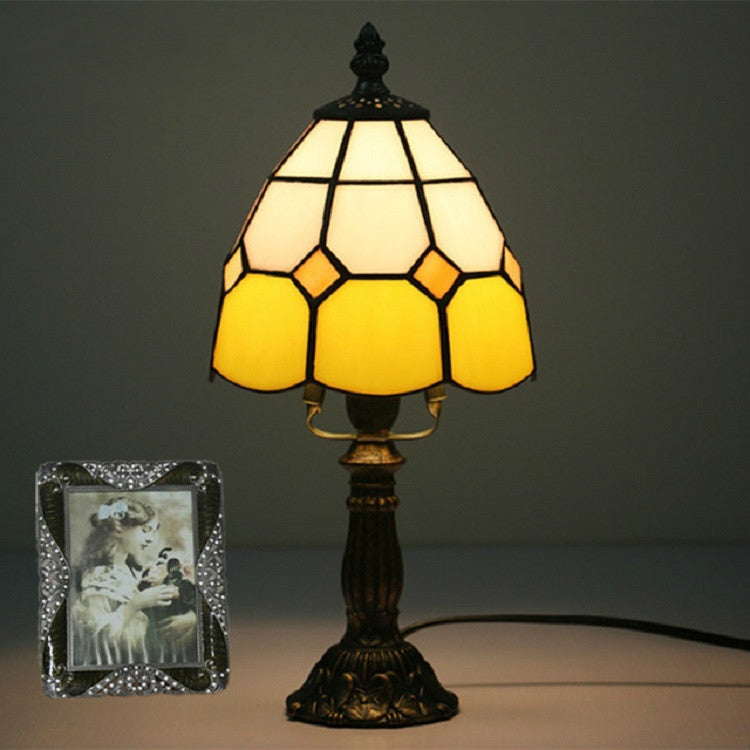Vintage Church Glass Bedside Bedroom Living Room Bar Cafe Decoration Small Table Lamp, Style:Alloy Base