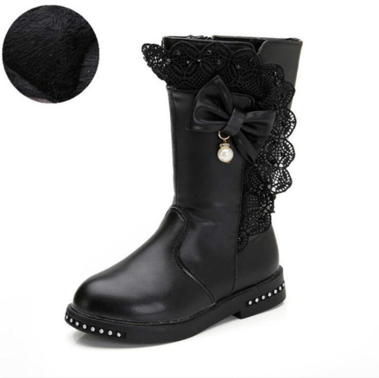 Winter Children High Bow Tie Skirt Boots, Size:38, Color:Black Thin Cotton