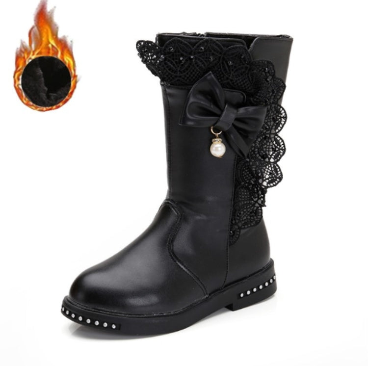 Winter Children High Bow Tie Skirt Boots, Size:29, Color:Black Thick Cotton