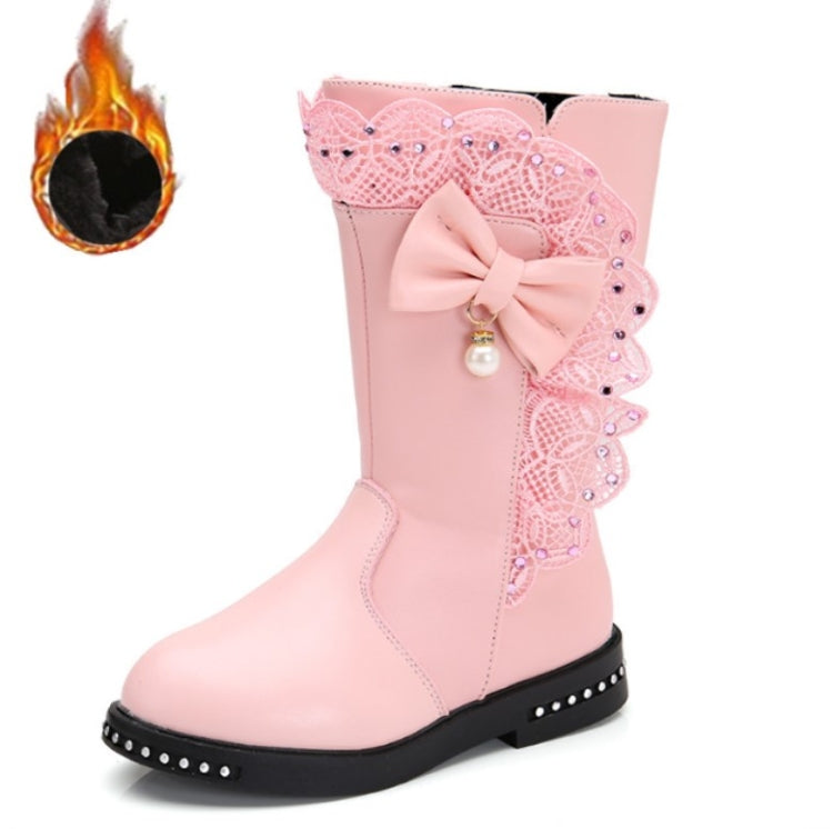 Winter Children High Bow Tie Skirt Boots, Size:39, Color:Pink Thick Cotton