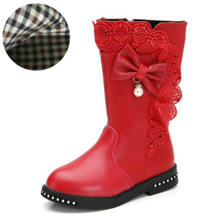 Winter Children High Bow Tie Skirt Boots, Size:27, Color:Red