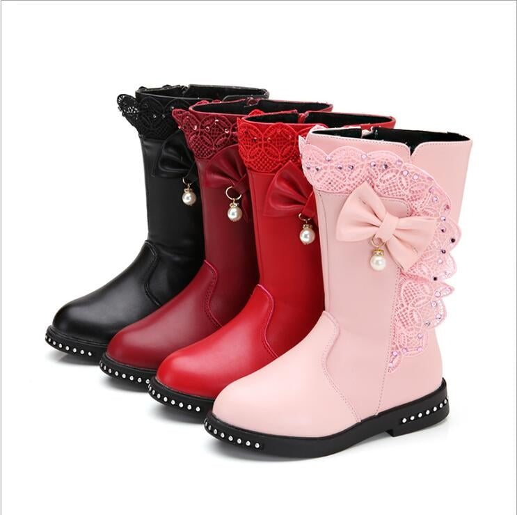 Winter Children High Bow Tie Skirt Boots, Size:36, Color:Red