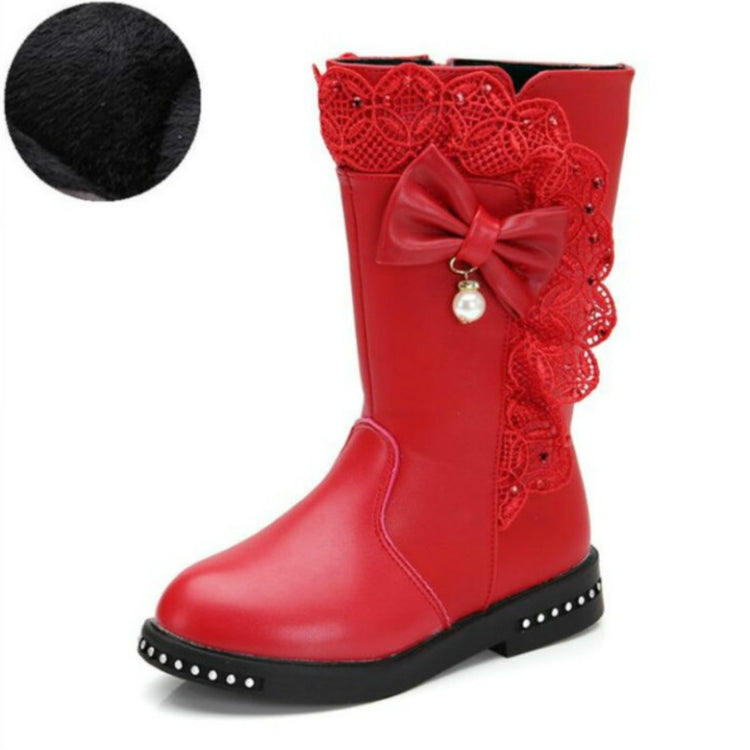 Winter Children High Bow Tie Skirt Boots, Size:33, Color:Red Thin Cotton