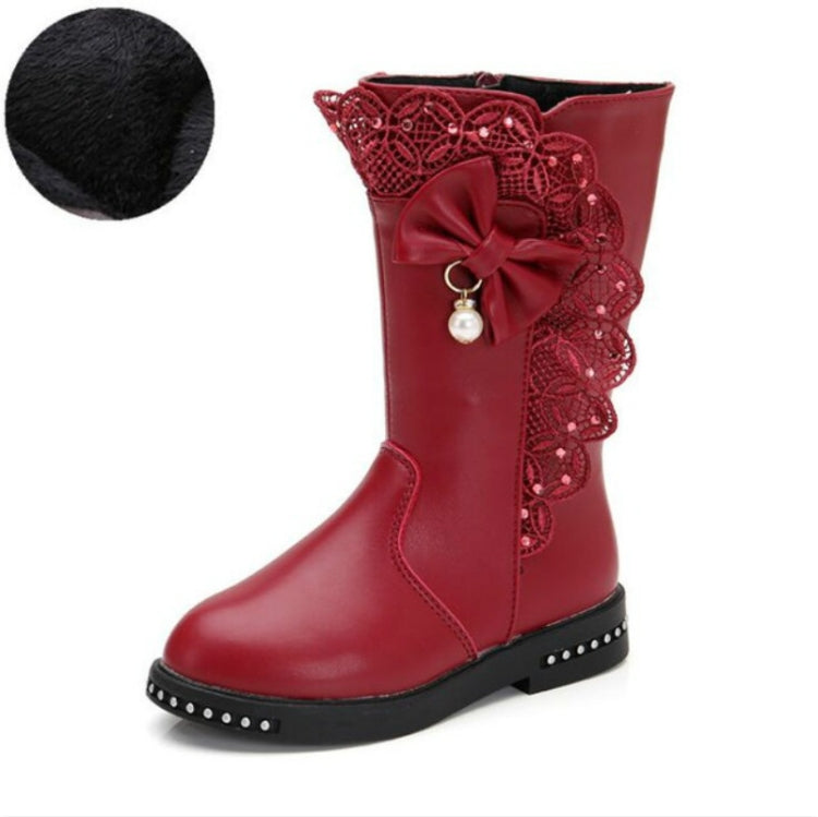 Winter Children High Bow Tie Skirt Boots, Size:31, Color:Wine Red Thin Cotton
