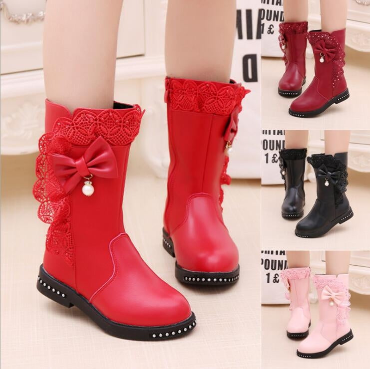 Winter Children High Bow Tie Skirt Boots, Size:31, Color:Wine Red Thin Cotton