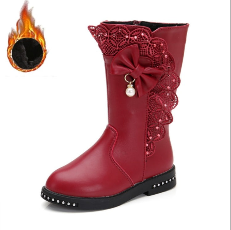 Winter Children High Bow Tie Skirt Boots, Size:36, Color:Wine Red Thick Cotton