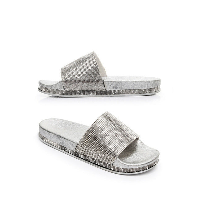 Rhinestone Women Slippers Bling Beach Slides, Size:37
