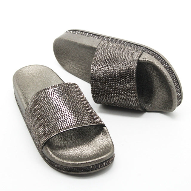 Rhinestone Women Slippers Bling Beach Slides, Size:37