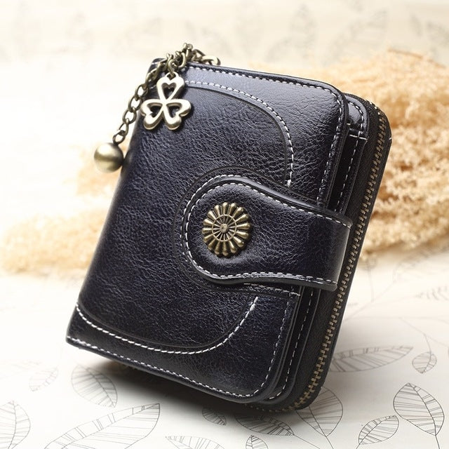 Vintage Oil Wax Leather Tri-fold Zipper Purse Clutch Wallet