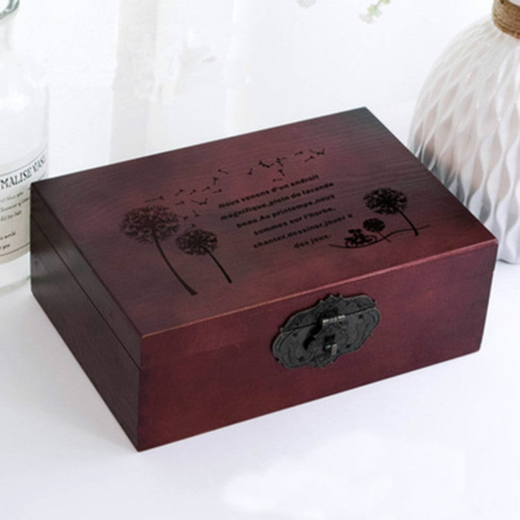 Exquisite Small Wooden Box Antique Lockable Jewelry Sundries Storage Box, Size:S(Wine Red - Dandelion)