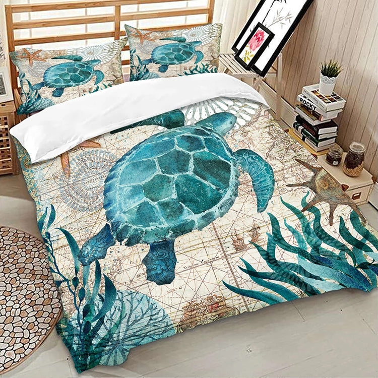 Bedding Marine Series Whale Turtle Octopus Quilt Cover Three-piece, Size:Twin173cmx218cm
