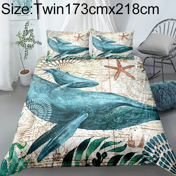 Bedding Marine Series Whale Turtle Octopus Quilt Cover Three-piece, Size:Twin173cmx218cm