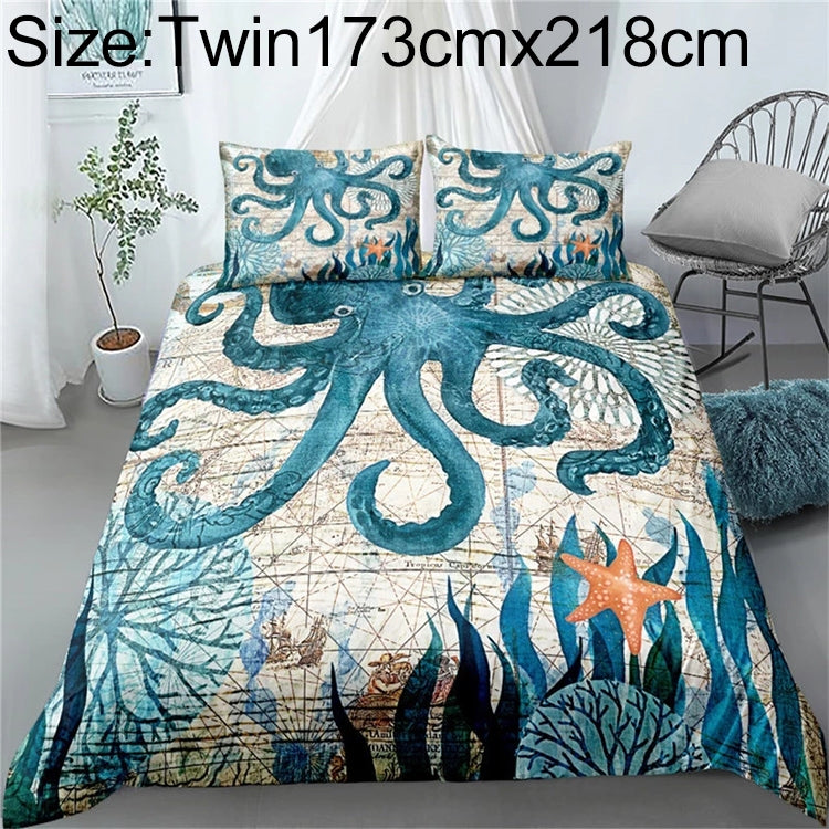 Bedding Marine Series Whale Turtle Octopus Quilt Cover Three-piece, Size:Twin173cmx218cm