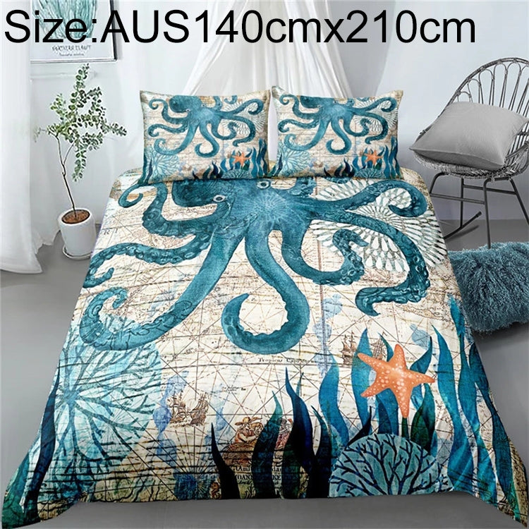 Bedding Marine Series Whale Turtle Octopus Quilt Cover Three-piece, Size:AUS140cmx210cm(Octopus)