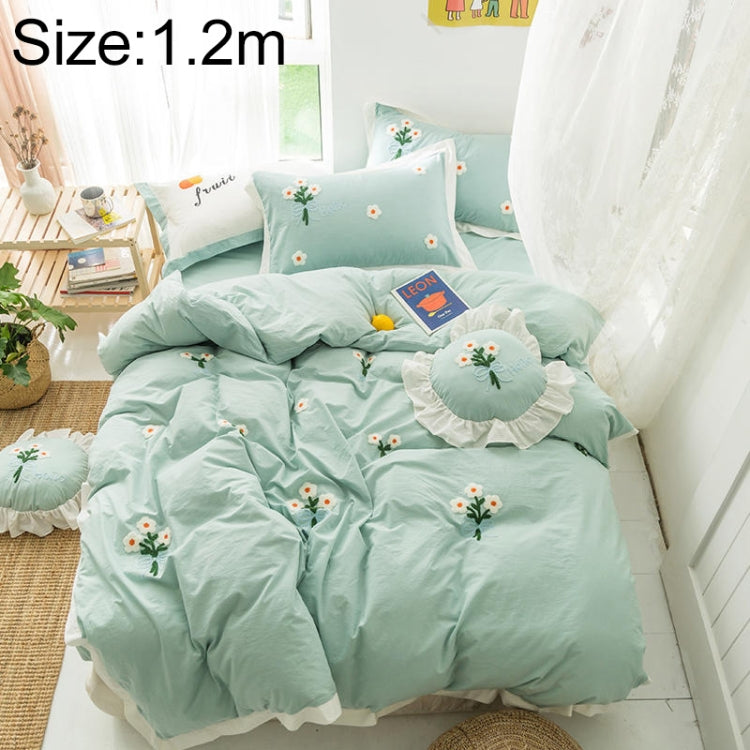 Washed Cotton Embroidery Solid Color Bed Linen Quilt Pillowcase 4PCS, Size:1.2m-3PCS