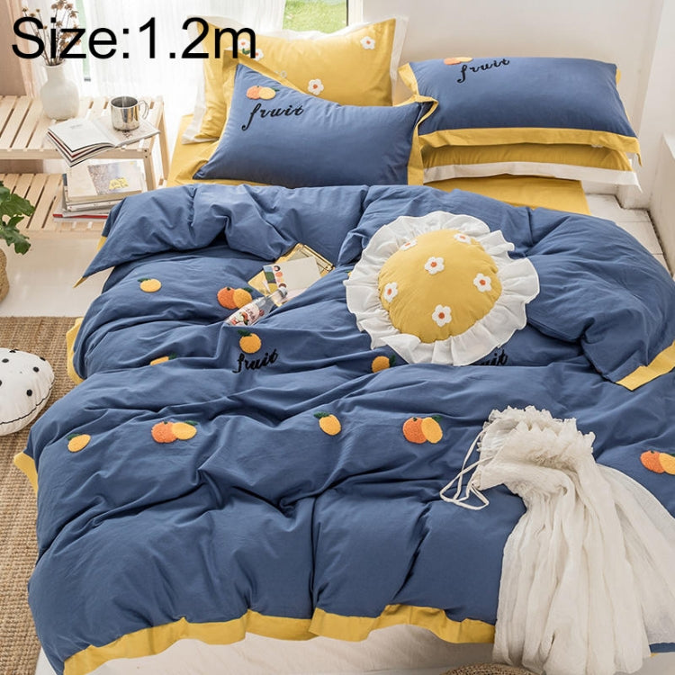Washed Cotton Embroidery Solid Color Bed Linen Quilt Pillowcase 4PCS, Size:1.2m-3PCS