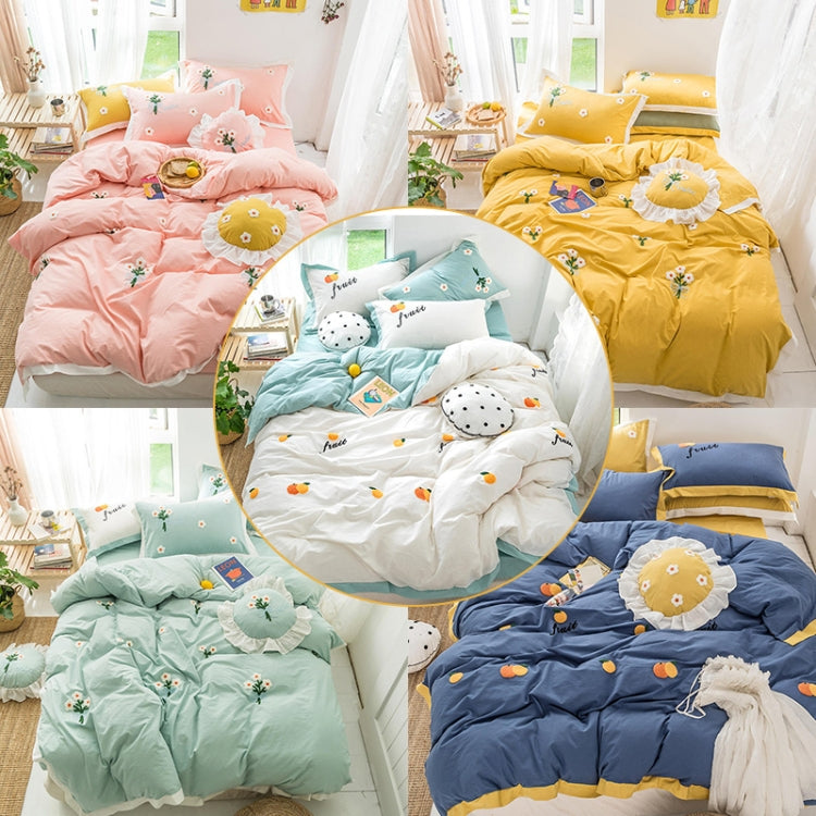 Washed Cotton Embroidery Solid Color Bed Linen Quilt Pillowcase 4PCS, Size:1.5m-4PCS