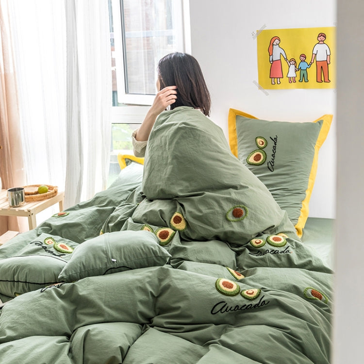 Washed Cotton Embroidery Solid Color Bed Linen Quilt Pillowcase 4PCS, Size:1.5m-4PCS