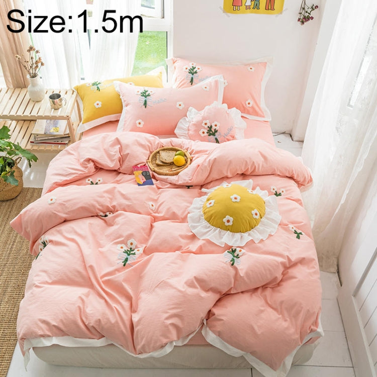 Washed Cotton Embroidery Solid Color Bed Linen Quilt Pillowcase 4PCS, Size:1.5m-4PCS