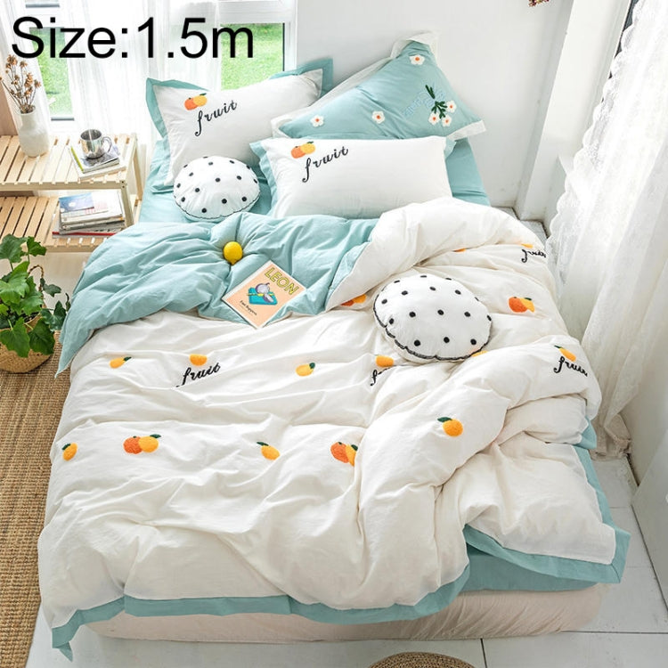 Washed Cotton Embroidery Solid Color Bed Linen Quilt Pillowcase 4PCS, Size:1.5m-4PCS