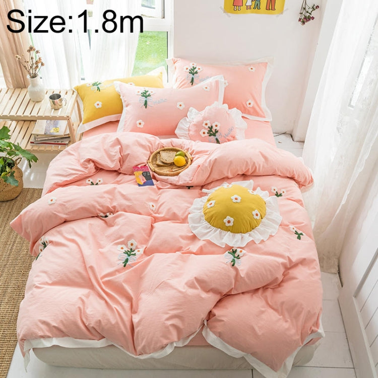Washed Cotton Embroidery Solid Color Bed Linen Quilt Pillowcase 4PCS, Size:1.8m-4PCS