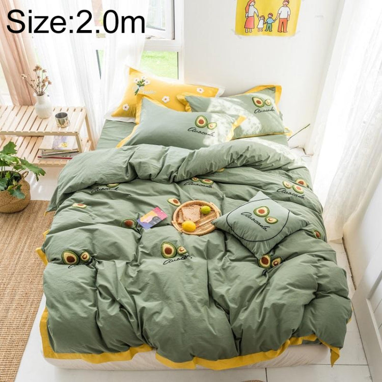 Washed Cotton Embroidery Solid Color Bed Linen Quilt Pillowcase 4PCS, Size:2.0m-4PCS