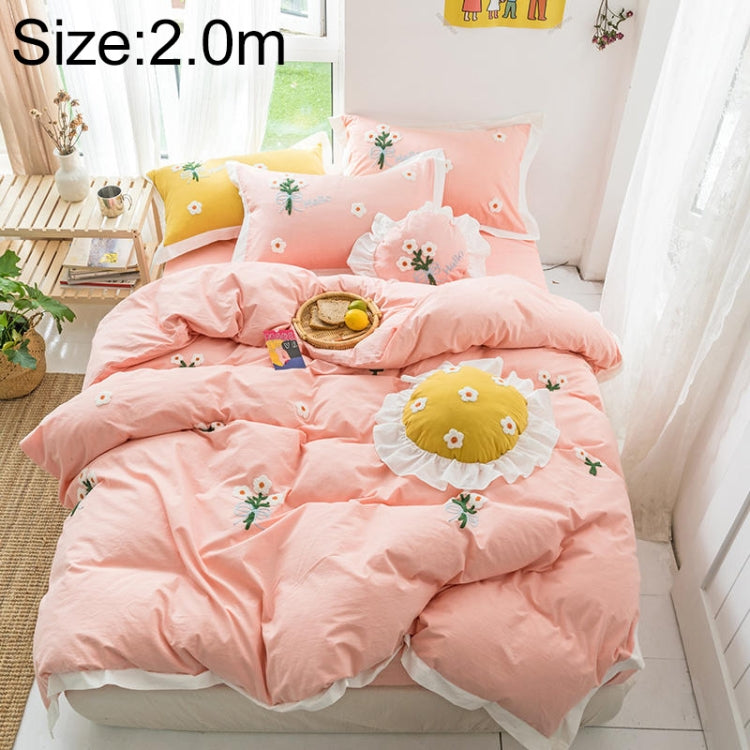 Washed Cotton Embroidery Solid Color Bed Linen Quilt Pillowcase 4PCS, Size:2.0m-4PCS