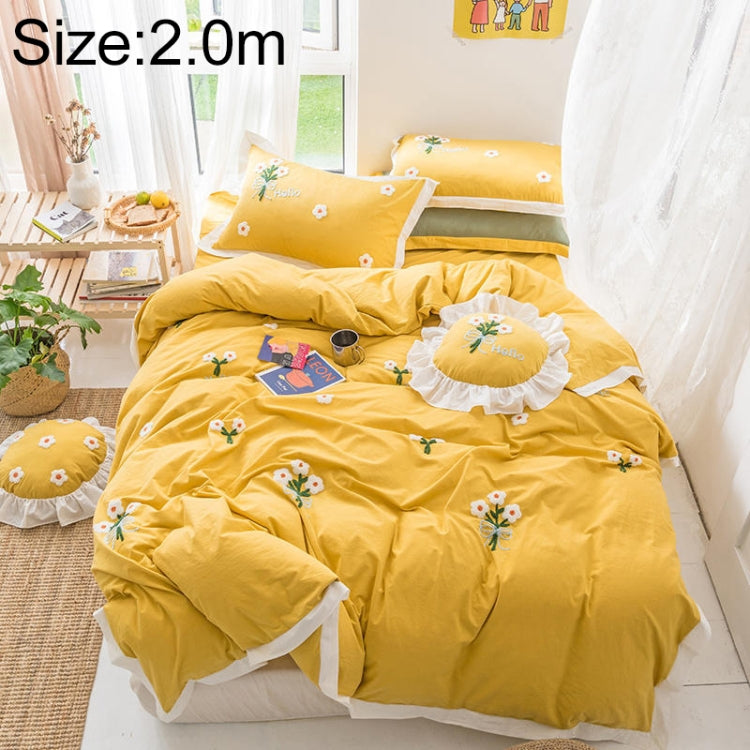 Washed Cotton Embroidery Solid Color Bed Linen Quilt Pillowcase 4PCS, Size:2.0m-4PCS