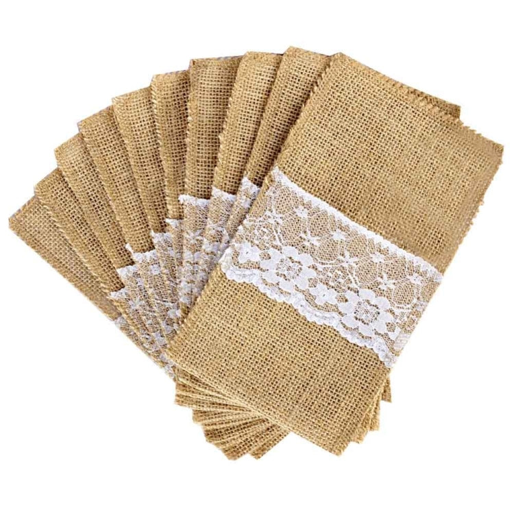 2 PCS Burlap Lace Cutlery Pouch Rustic Knife Fork Holder Bag