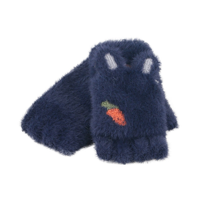 Children Half Finger Gloves Knitted Cold Warm Plus Velvet Fingerless Gloves