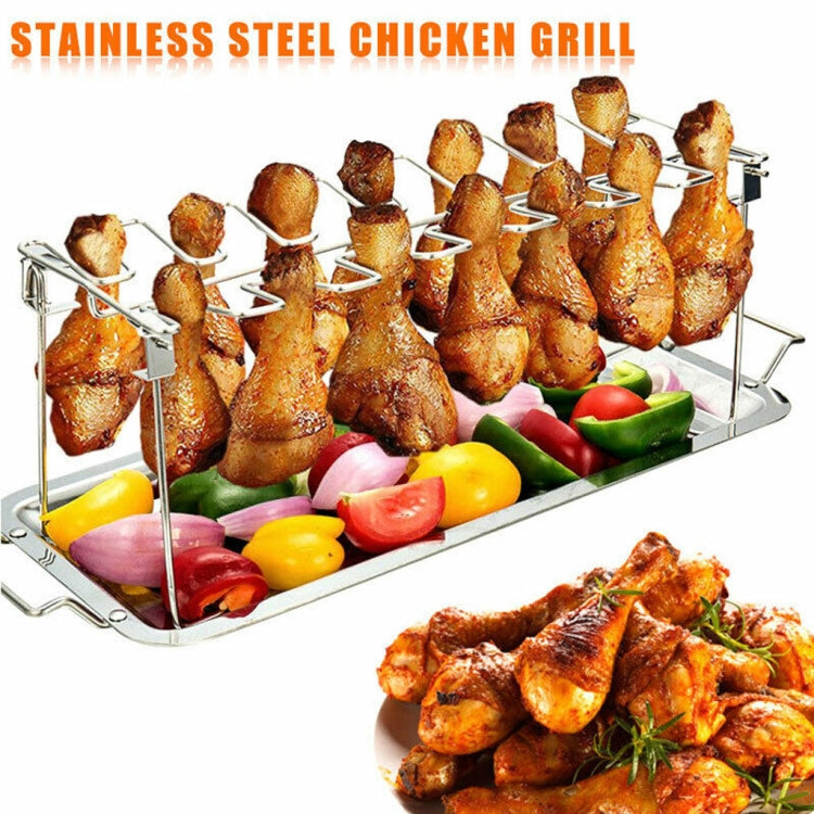 Stainless Steel Chicken Wing Leg Barbecue Rack with Drip Pan(Silver)