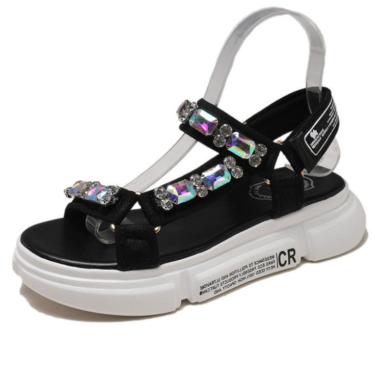 Female Summer Sponge Bottom Sports Sandals Rhinestone Open Toe Beach Shoes, Size:35(Black)
