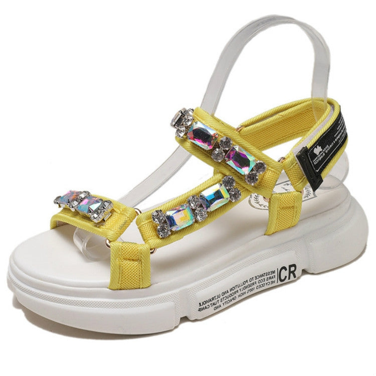 Female Summer Sponge Bottom Sports Sandals Rhinestone Open Toe Beach Shoes, Size:36(Yellow)
