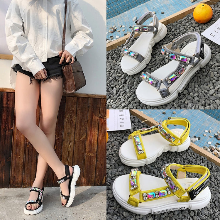 Female Summer Sponge Bottom Sports Sandals Rhinestone Open Toe Beach Shoes, Size:36(Yellow)