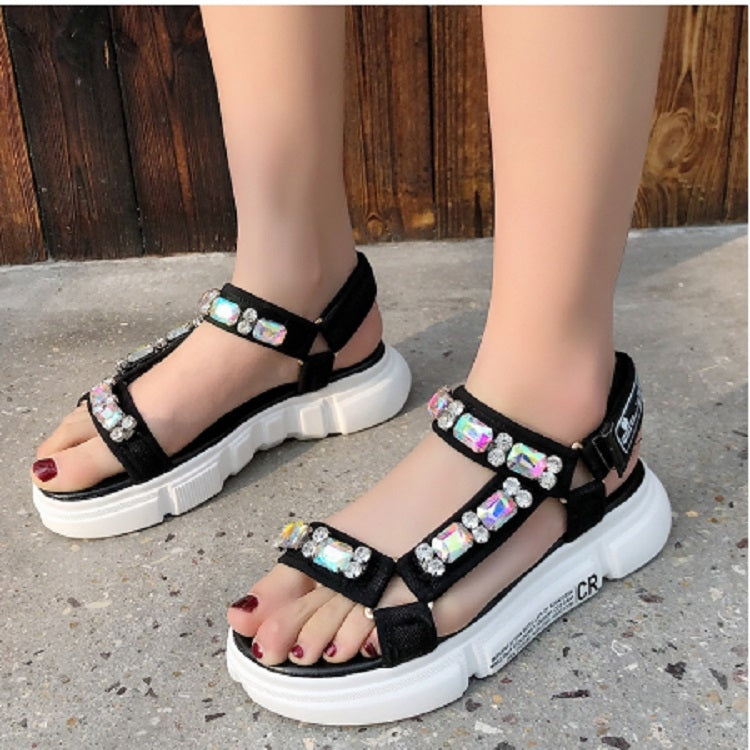 Female Summer Sponge Bottom Sports Sandals Rhinestone Open Toe Beach Shoes, Size:38(Black)