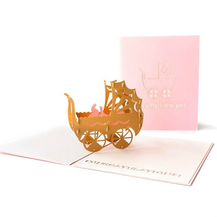 Handmade Creative 3D Three-dimensional Pink Blue Baby Carriage Paper Cut Engraving Greeting Card