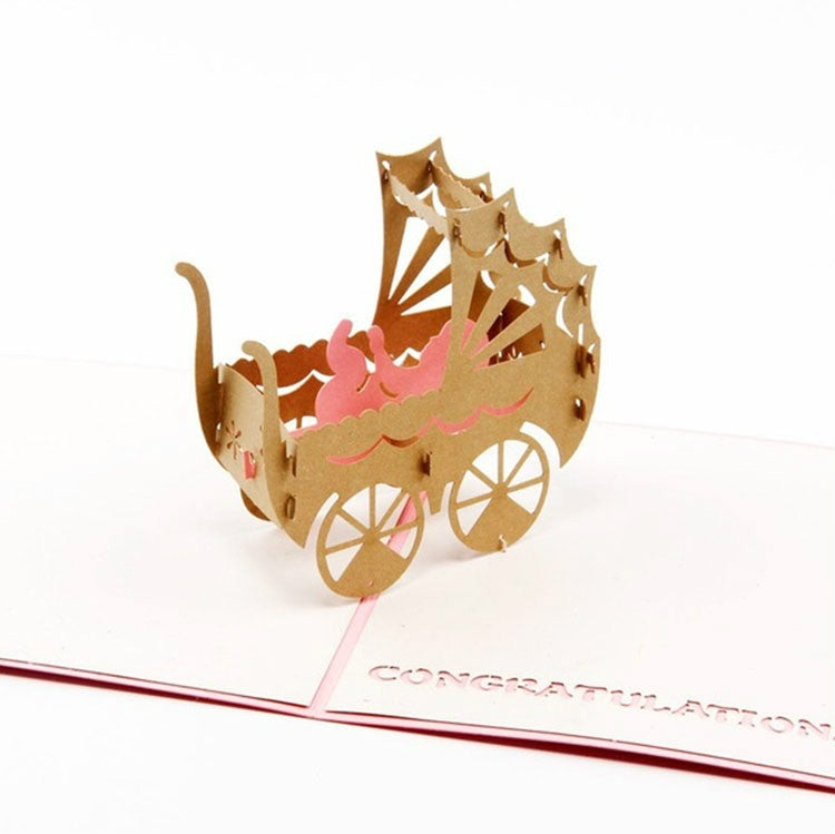Handmade Creative 3D Three-dimensional Pink Blue Baby Carriage Paper Cut Engraving Greeting Card