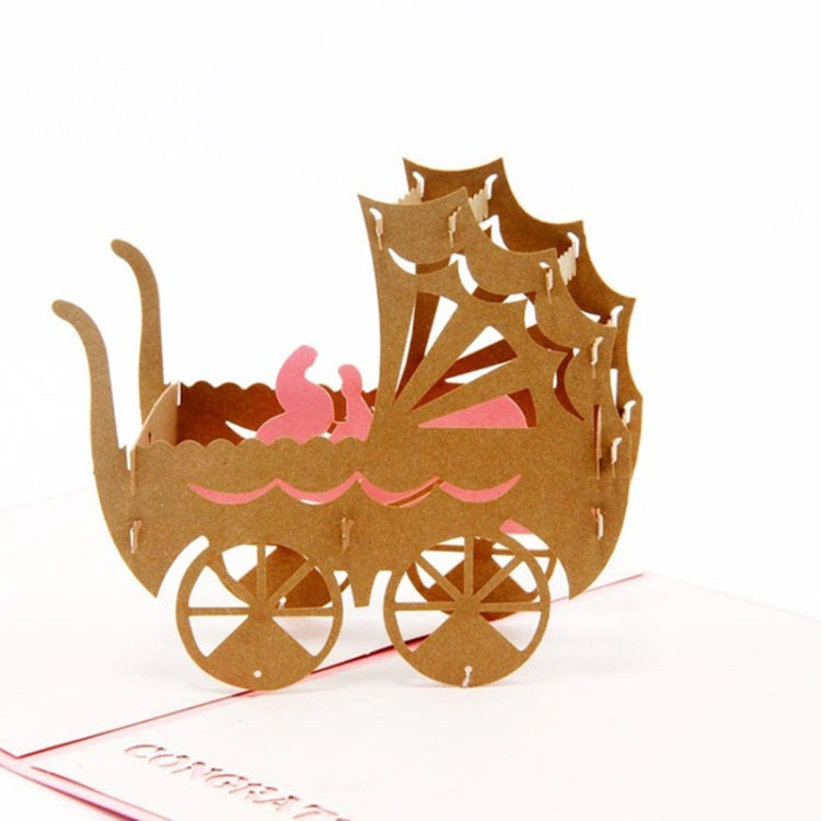 Handmade Creative 3D Three-dimensional Pink Blue Baby Carriage Paper Cut Engraving Greeting Card