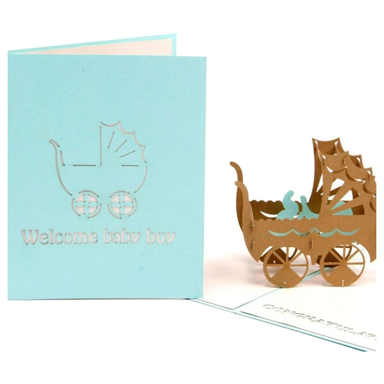 Handmade Creative 3D Three-dimensional Pink Blue Baby Carriage Paper Cut Engraving Greeting Card