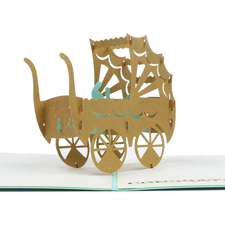 Handmade Creative 3D Three-dimensional Pink Blue Baby Carriage Paper Cut Engraving Greeting Card