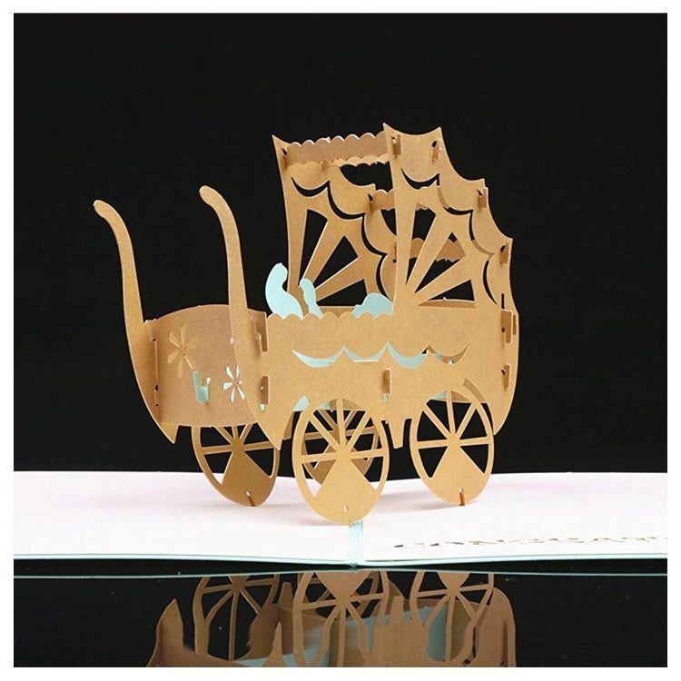 Handmade Creative 3D Three-dimensional Pink Blue Baby Carriage Paper Cut Engraving Greeting Card