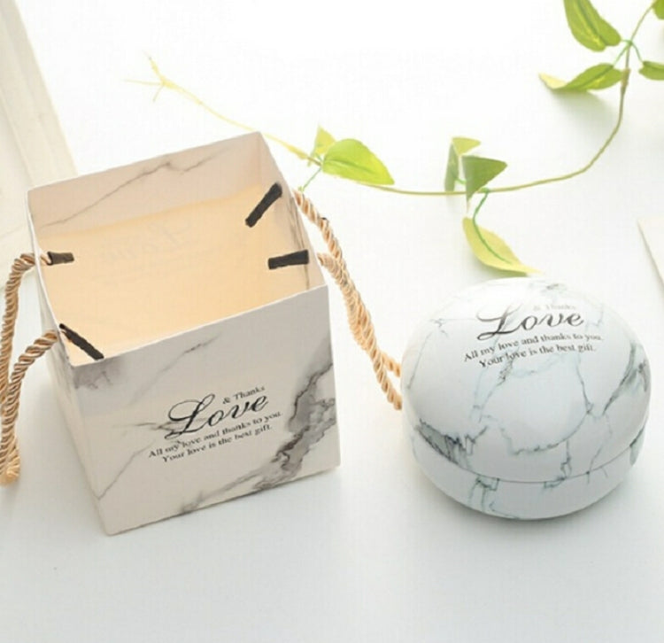 Romantic Valentine Day Candy Box Flat Round Candy Box Jewelry Gift Bird Box Tote Home Garden Festive Party Supplies, Color:White(marble)+ tote bag