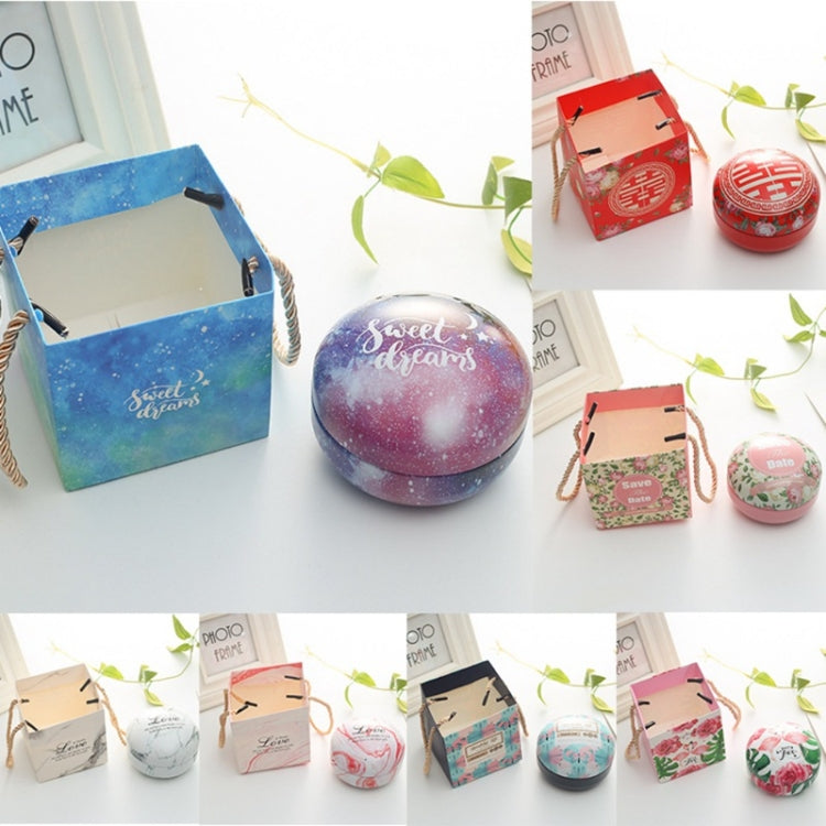 Romantic Valentine Day Candy Box Flat Round Candy Box Jewelry Gift Bird Box Tote Home Garden Festive Party Supplies, Color:Pink(marble)+ tote bag