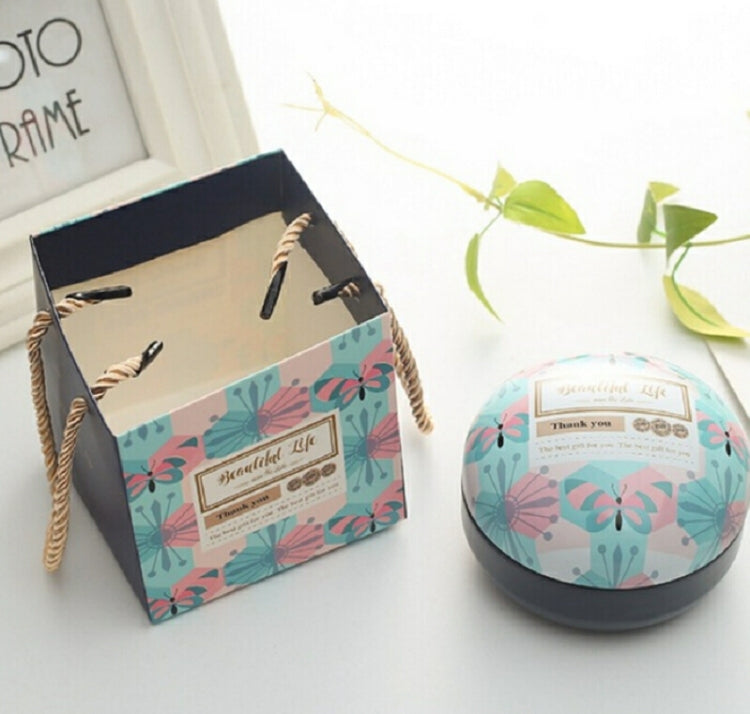 Romantic Valentine Day Candy Box Flat Round Candy Box Jewelry Gift Bird Box Tote Home Garden Festive Party Supplies, Color:Blue butterfly+ tote bag