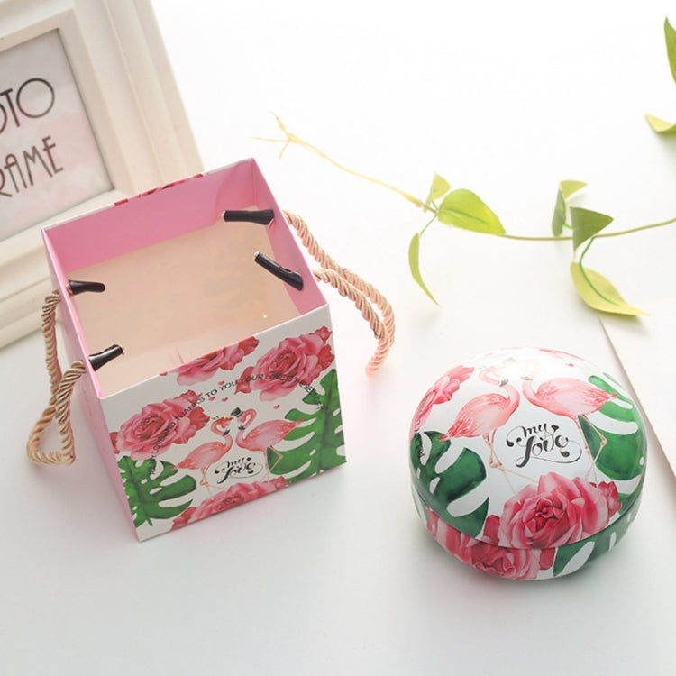 Romantic Valentine Day Candy Box Flat Round Candy Box Jewelry Gift Bird Box Tote Home Garden Festive Party Supplies, Color:Flamingo+tote bag