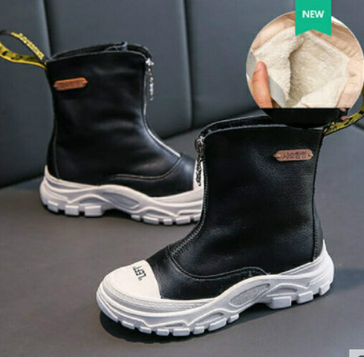 Childrens Shoes  Autumn New Boys Girls Martin Boots Anti-kick Soft Bottom Wearable Leather Boots Black (velvet), Size:26
