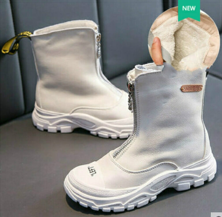 Childrens Shoes  Autumn New Boys Girls Martin Boots Anti-kick Soft Bottom Wearable Leather Boots White (velvet), Size:35