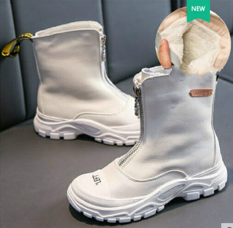 Childrens Shoes  Autumn New Boys Girls Martin Boots Anti-kick Soft Bottom Wearable Leather Boots White (velvet), Size:35