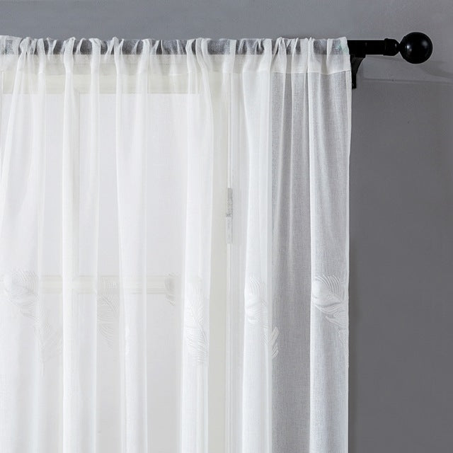 Embroidered Sheer Curtains For Living Room Elegant Yarn Curtains Feather White Voile Curtains Panel, Size:150*250 cm, Processing:Pull Plated Tape(White)