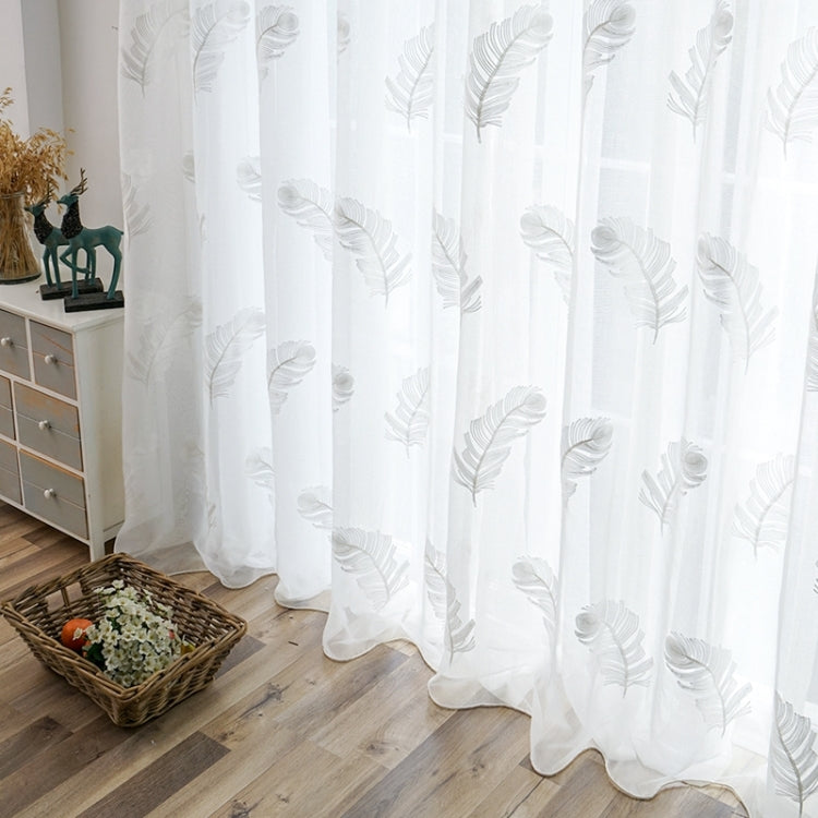 Embroidered Sheer Curtains For Living Room Elegant Yarn Curtains Feather White Voile Curtains Panel, Size:150*250 cm, Processing:Pull Plated Tape(White)